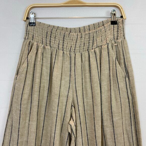 Maurice’s Wide Leg Linen Blend Striped Pants Women M Oatmeal Navy Elastic Waist - Picture 3 of 10